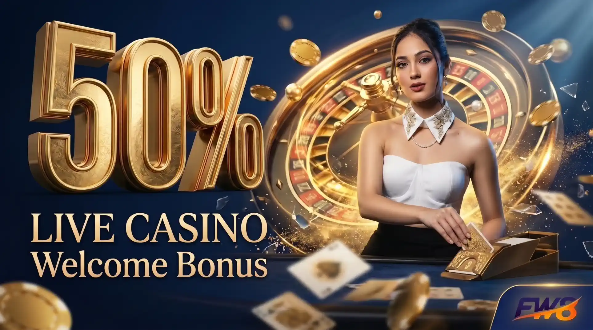 FW8 50% Live Casino Welcome Bonus for Baccarat, Roulette and Blackjack